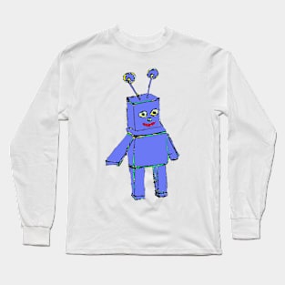 Happy Blue Robot Drawing Long Sleeve T-Shirt